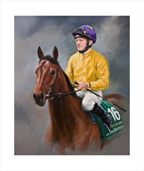 An equine, equestrian, racehorse and horse wall art canvas print of Arc de Triomphe and Epsom Derby winner Sea The Stars and jockey Mick Kinane by Jacqueline Stanhope. Signed limited edition.