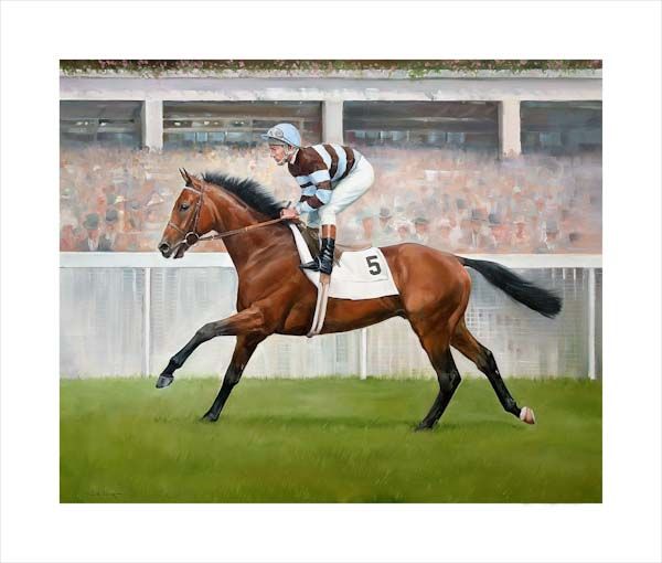 An equine, equestrian, racehorse and horse wall art canvas print of Epsom Derby winner Sir Ivor and jockey Lester Piggott by Jacqueline Stanhope. Signed limited edition.