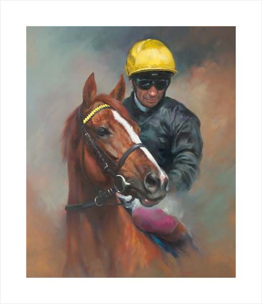 An equine, equestrian, racehorse and horse wall art canvas print of Ascot Gold Cup winner Stradivarius and jockey Frankie Dettori by Jacqueline Stanhope. Signed limited edition.