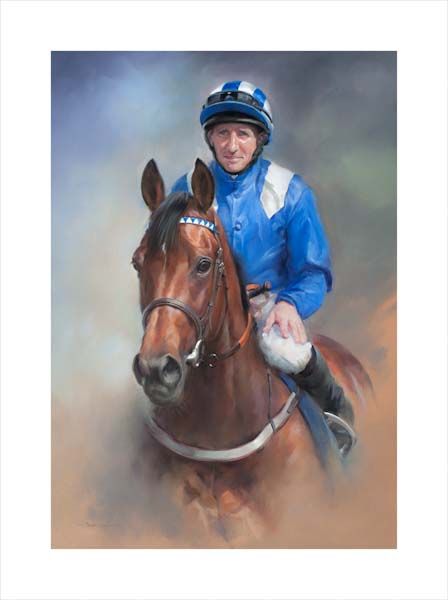An equine, equestrian, racehorse and horse wall art canvas print of Taghrooda and jockey Paul Hanagan by Jacqueline Stanhope. Signed limited edition.