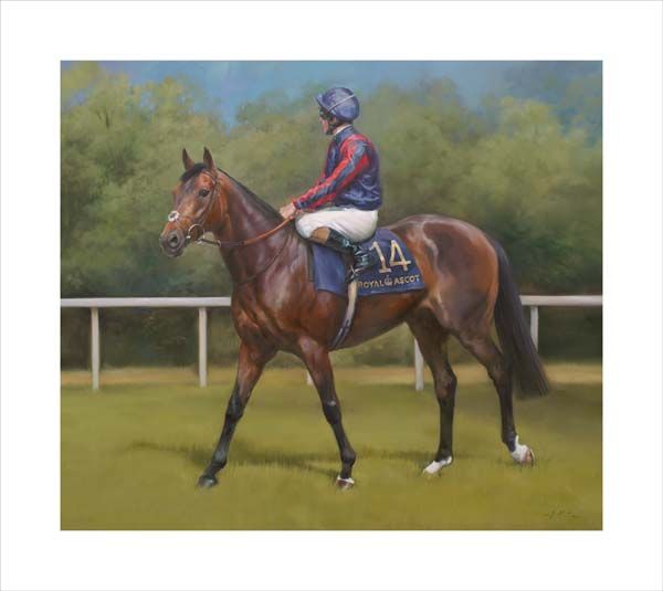 An equine, equestrian, racehorse and horse wall art canvas print of champion racehorse The Tin Man and jockey Tom Queally by Jacqueline Stanhope. Signed limited edition.