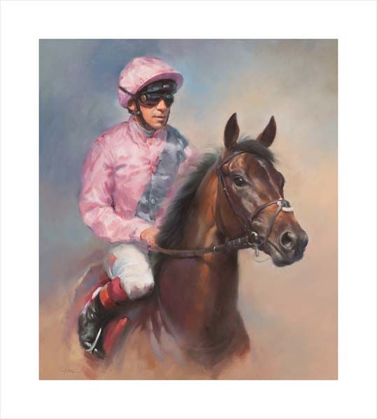 An equine, equestrian, racehorse and horse wall art canvas print of Too Darn Hot and jockey Frankie Dettori by Jacqueline Stanhope. Signed limited edition.