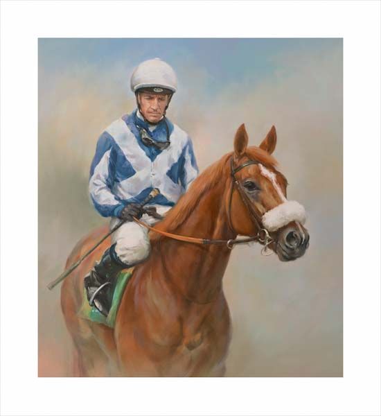 An equine, equestrian, racehorse and horse wall art canvas print of Juddmonte and Eclipse winner Ulysses and jockey Jim Crowley by Jacqueline Stanhope. Signed limited edition.