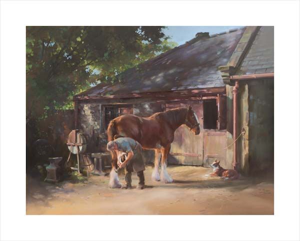 Blacksmith’s Yard. An equine, equestrian and horse wall art canvas print of a blacksmith, horse and dog by Jacqueline Stanhope. Signed limited edition.