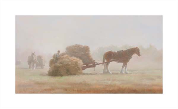 Gathering The Hay. An equine, equestrian and horse wall art canvas print of Clydesdale heavy horses harvesting by Jacqueline Stanhope. Signed limited edition.