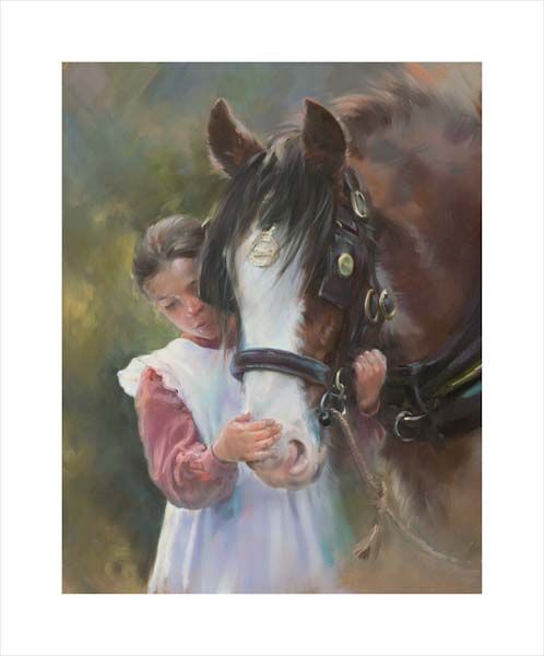 Girl with a Clydesdale. An equine, equestrian and horse wall art canvas print of a young girl and a heavy horse Clydesdale horse by Jacqueline Stanhope. Signed limited edition.