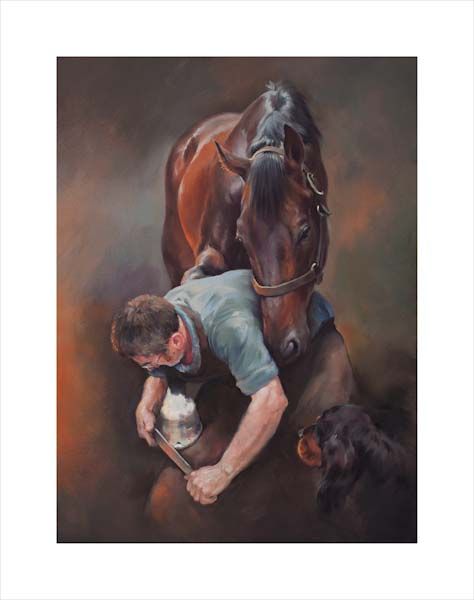 An equine, equestrian and horse wall art canvas print of a blacksmith, horse and dog in the warmth of a forge by Jacqueline Stanhope. Signed limited edition.