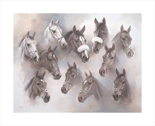 An equine, equestrian, racehorse and horse wall art canvas print of Politologe Neptune Collonges Kauto Star Big Buck's Frodon Denman Master Minded Zarkandar Clan Des Obeaux Silviniaco Conti and Cyrname by Jacqueline Stanhope. Signed limited edition.