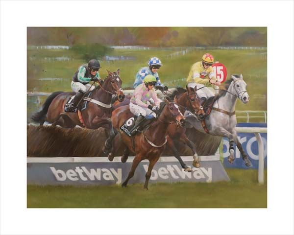 Altior. An equine, equestrian, racehorse and horse wall art canvas print of Altior and jockey Nico de Boinville winning the Queen Mother Champion Chase at the Cheltenham Festival by Jacqueline Stanhope. Signed limited edition.