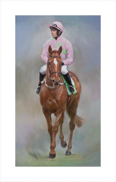 Annie Power. An equine, equestrian, racehorse and horse wall art canvas print of Annie Power and jockey Ruby Walsh at the Cheltenham Festival by Jacqueline Stanhope. Signed limited edition.
