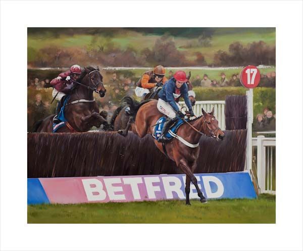 Bobs Worth. An equine, equestrian, racehorse and horse wall art canvas print of Bobs Worth and jockey Barry Geraghty winning the Cheltenham Gold Cup at the Cheltenham Festival by Jacqueline Stanhope. Signed limited edition.