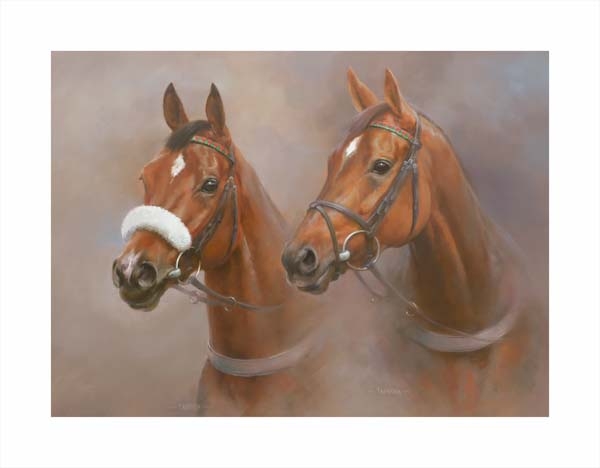 An equine, equestrian, racehorse and horse wall art canvas print of Tahiyra and Tarnawa,  trained by Dermot Weld, by Jacqueline Stanhope. Signed limited edition.