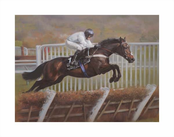An equine, equestrian, racehorse and horse wall art canvas print of Constitution Hill and jockey Nico de Boinville,  by Jacqueline Stanhope. Signed limited edition.