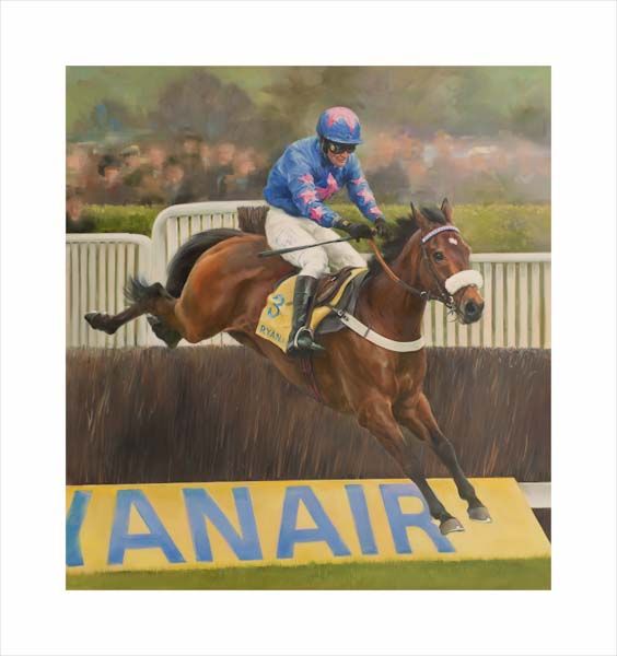 Cue Card and Joe Tizzard. An equine, equestrian, racehorse and horse wall art canvas print by Jacqueline Stanhope winning at the Cheltenham Festival. Signed limited edition.