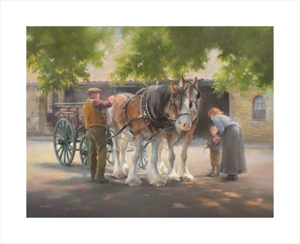 The Family. An equine, equestrian and horse wall art canvas print of a young boy and family with Clydesdale heavy horses by Jacqueline Stanhope. Signed limited edition.