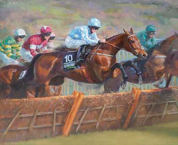 Honeysuckle. An equine, equestrian, racehorse and horse wall art canvas print of Honeysuckle and jockey Rachael Blackmore by Jacqueline Stanhope. Signed limited edition.