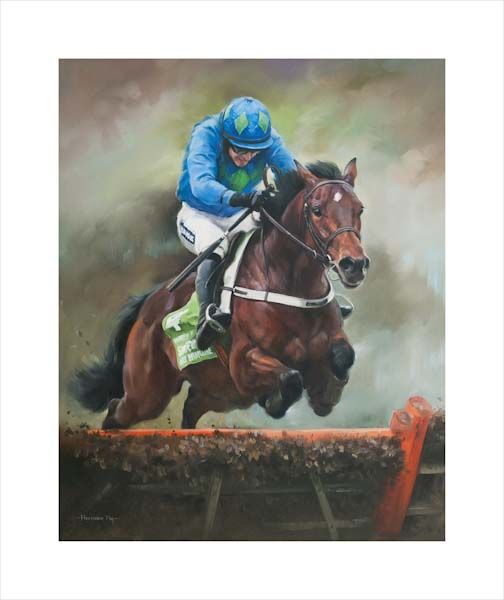 An equine, equestrian, racehorse and horse wall art canvas print of Hurricane Fly and jockey Ruby Walsh winning the Champion Hurdle at the Cheltenham Festival by Jacqueline Stanhope. Signed limited edition.