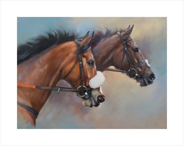 Kauto Star and Denman. An equine, equestrian, racehorse and horse wall art canvas print by Jacqueline Stanhope of two Cheltenham Gold Cup winners. Signed limited edition.