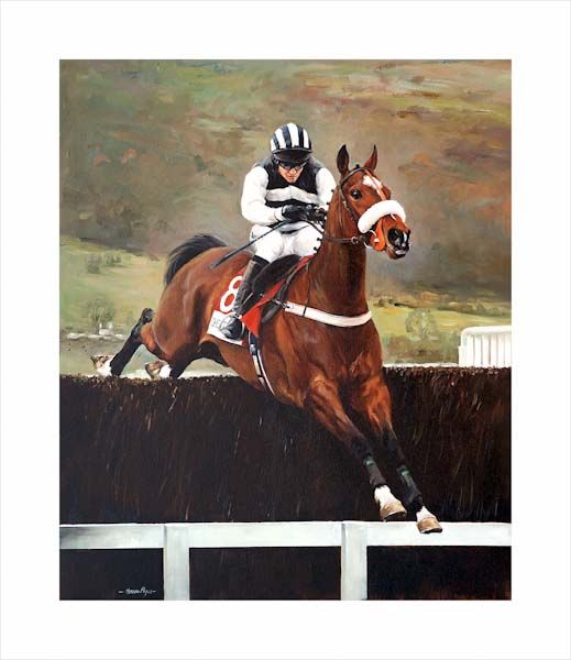 An equine, equestrian, racehorse and horse wall art canvas print of Moscow Flyer and jockey Barry Geraghty winning the Champion Chase at the Cheltenham Festival by Jacqueline Stanhope. Signed limited edition.