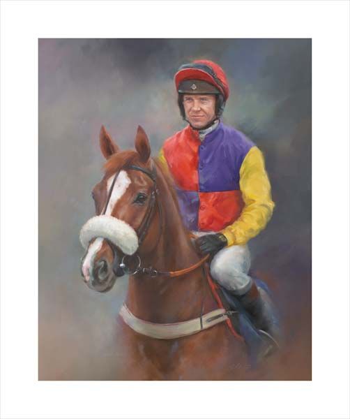 An equine, equestrian, racehorse and horse wall art canvas print of Native River and jockey Richard Johnson winner of the Cheltenham Gold Cup at the Cheltenham Festival by Jacqueline Stanhope. Signed limited edition.
