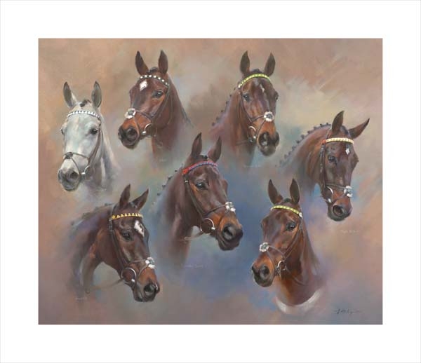 An equine, equestrian, racehorse and horse wall art canvas print of Simonsig, Altior, Buveur D'Air, Might Bite, Shishkin, Sprinter Sacre & Epatante  by Jacqueline Stanhope. Signed limited edition.