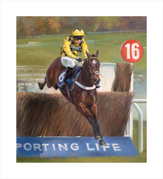 An equine, equestrian, racehorse and horse wall art canvas print of Shishkin at Cheltenham and jockey Nico de Boinville by Jacqueline Stanhope. Signed limited edition.