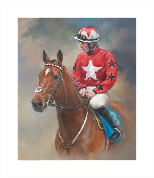 An equine, equestrian, racehorse and horse wall art canvas print of Cheltenham Festival winner The New One and jockey Sam Twiston-Davies by Jacqueline Stanhope. Signed limited edition.