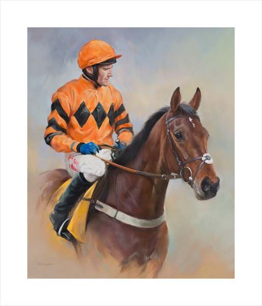 An equine, equestrian, racehorse and horse wall art canvas print of Cheltenham winner Thistlecrack and jockey Tom Scudamoreby Jacqueline Stanhope. Signed limited edition.