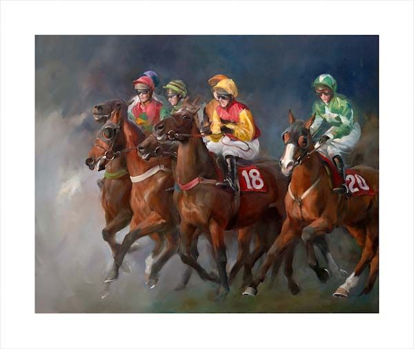 An equine, equestrian, racehorse and horse wall art canvas print of horses and jockeys at the Cheltenham Festival by Jacqueline Stanhope. Signed limited edition.