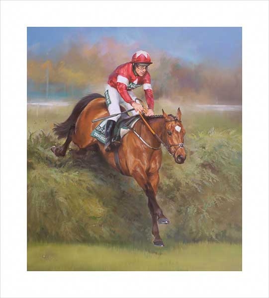 An equine, equestrian, racehorse and horse wall art canvas print of Grand National winner Tiger Roll and jockey Davy Russell by Jacqueline Stanhope. Signed limited edition.
