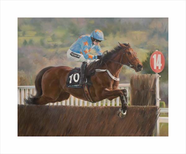 An equine equestrian racehorse and horse wall art canvas print of Un De Sceaux and jockey Ruby Walsh at the Cheltenham Festival by Jacqueline Stanhope. Signed limited edition.
