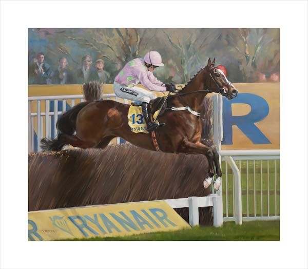 An equine, equestrian, racehorse and horse wall art canvas print of Vautour and jockey Ruby Walsh at the Cheltenham Festival by Jacqueline Stanhope. Signed limited edition.