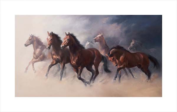 Tempest. An equine, equestrian and horse wall art canvas print of wild horses galloping by Jacqueline Stanhope. Signed limited edition.