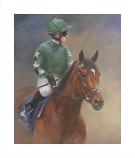 An equine, equestrian, racehorse and horse wall art canvas print of Newmarket, Goodwood and Chantilly French Oaks winner Nashwa and jockey Hollie Doyls by Jacqueline Stanhope. Signed limited edition.