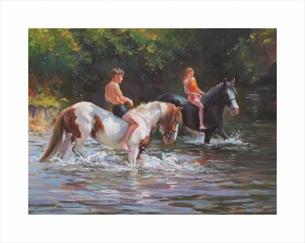 An equine, equestrian and horse wall art canvas print with ponies and riders in water and sunshine by Jacqueline Stanhope. Signed limited edition.