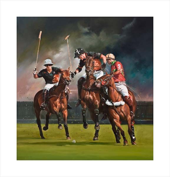 Fighting Spirit at Guard's Polo Club. A polo, equine, equestrian and horse wall art canvas action print by Jacqueline Stanhope. Signed limited edition.