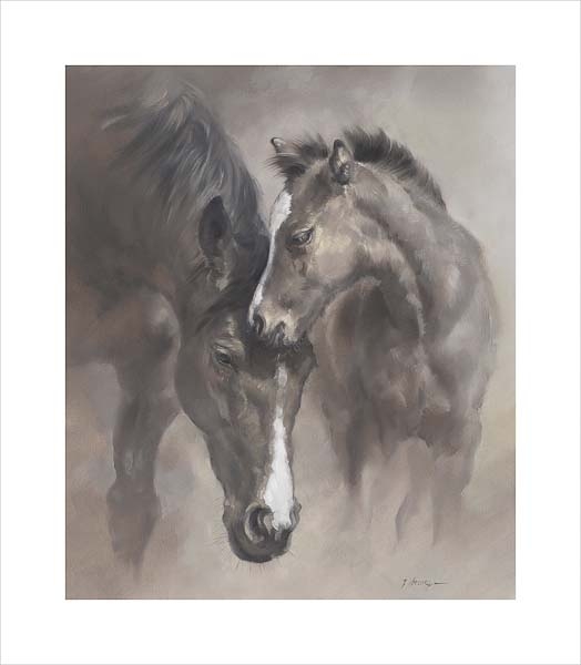 Moment - An equine, equestrian, racehorse and horse wall art canvas print of a thoroughbred mare and foal by Jacqueline Stanhope. Signed limited edition.