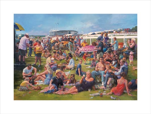 An equine, equestrian, racehorse and horse wall art canvas print of Derby day at Epsom Downs racecourse by Jacqueline Stanhope. Signed limited edition.
