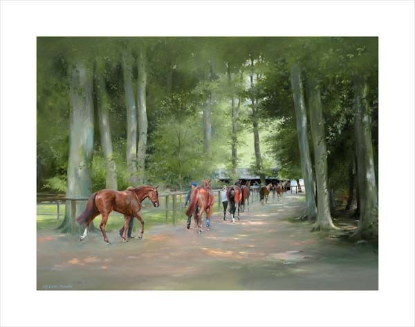 An equine, equestrian, racehorse and horse wall art canvas print of horses in the pre-parade ring at the July Course , Newmarket by Jacqueline Stanhope. Signed limited edition.