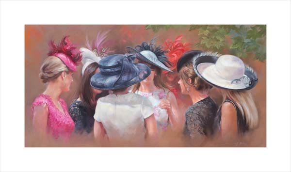 An equine, equestrian, racehorse and horse wall art canvas print of well dressed ladies at Royal Ascot by Jacqueline Stanhope. Signed limited edition.