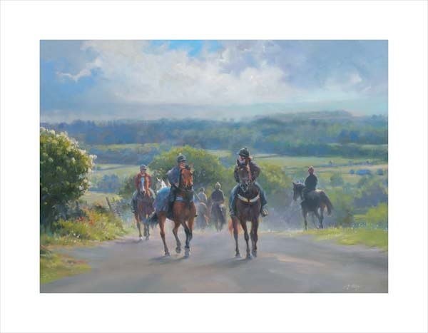 An equine, equestrian, racehorse and horse wall art canvas print of horses and riders at Low Moor, Middleham by Jacqueline Stanhope. Signed limited edition.