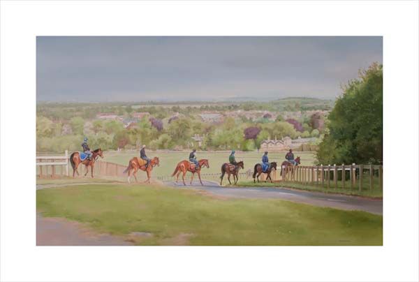 A view of Warren Hill and Newmarket. An equine, equestrian, racehorse and horse wall art canvas print of horses and riders on the Warren Hill gallops, Newmarket by Jacqueline Stanhope. Signed limited edition.