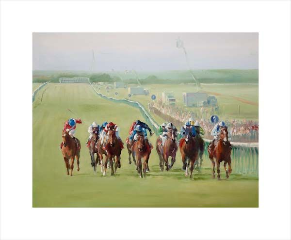 An equine, equestrian, racehorse and horse art canvas print of horses and riders at the Newmarket Rowley Mile racecourse by Jacqueline Stanhope. Signed limited edition.