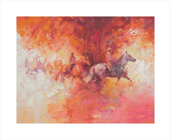 An equine, equestrian, racehorse and horse wall art canvas print of a colourful, lively, and impressionistic scene of thoroughbreds in summer by Jacqueline Stanhope. Signed limited edition.