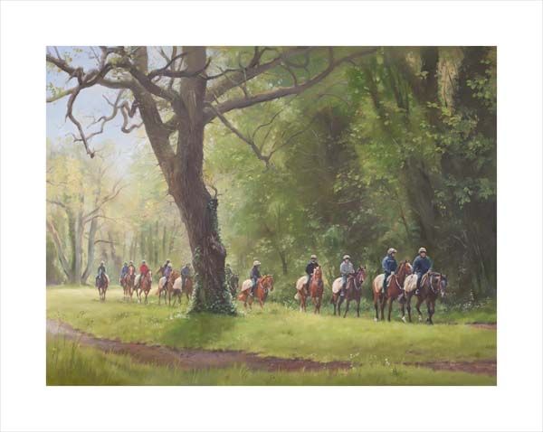 . An equine, equestrian, racehorse and horse art canvas print of horses and riders at Moulton Road and the Warren Hill gallops, Newmarket by Jacqueline Stanhope. Signed limited edition.