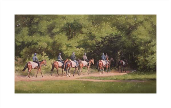 Sunshine and Shade. An equine, equestrian, racehorse and horse wall art canvas print of horses and riders on the Warren Hill gallops, Newmarket by Jacqueline Stanhope. Signed limited edition.