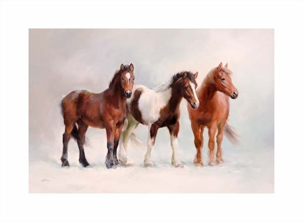 An equine, equestrian, racehorse and horse wall art canvas print of ponies in snow by Jacqueline Stanhope. Signed limited edition.