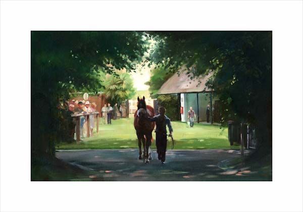 An equine, equestrian, racehorse and horse wall art canvas print horses on the Newmarket July Course by Jacqueline Stanhope. Signed limited edition.