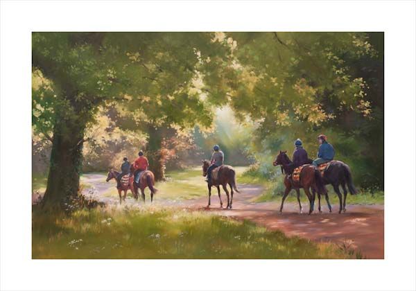 An equine, equestrian, racehorse and horse wall art canvas print of horses and riders on the Warren Hill gallops, Newmarket by Jacqueline Stanhope. Signed limited edition.
