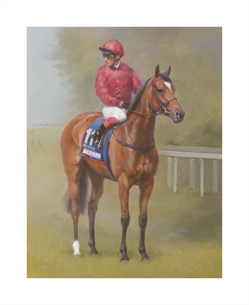 An equine, equestrian, racehorse and horse wall art canvas print of Epsom Oaks winner Soul Sister and jockey Frankie Dettori by Jacqueline Stanhope. Signed limited edition.
